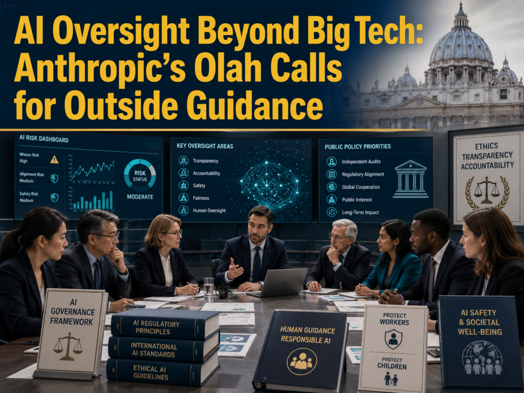 AI oversight beyond Big Tech shown in a business technology banner with AI policy experts, governance dashboards, and ethical guidance visuals.