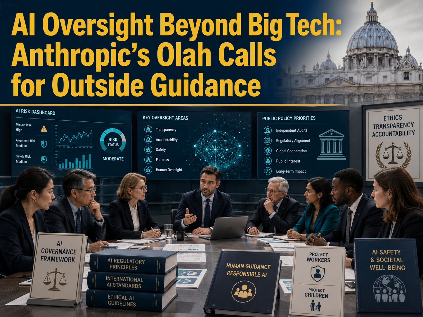 AI oversight beyond Big Tech shown in a business technology banner with AI policy experts, governance dashboards, and ethical guidance visuals.