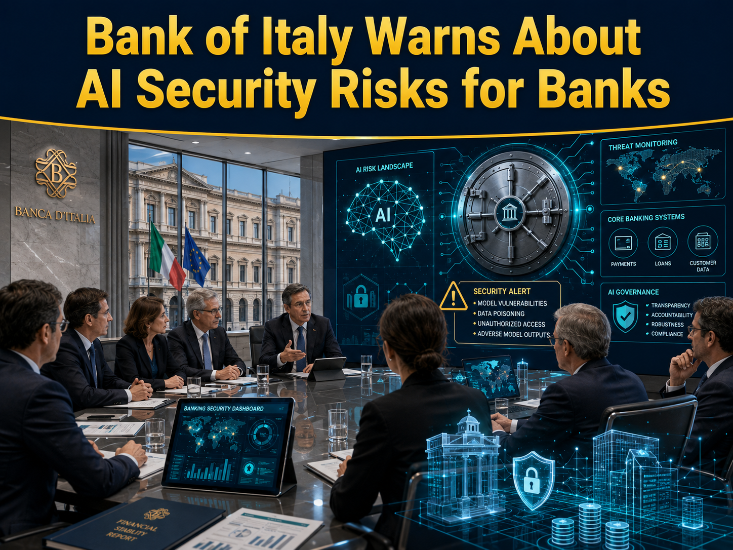 AI security risks for banks banner showing financial regulators reviewing cybersecurity dashboards and AI banking risk systems.