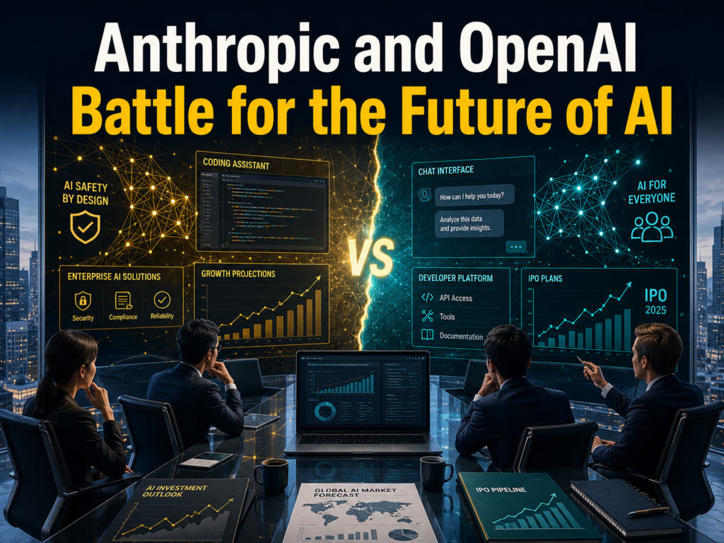 Anthropic OpenAI rivalry banner showing AI business competition, neural network graphics, coding tools, IPO charts, and investor dashboards.