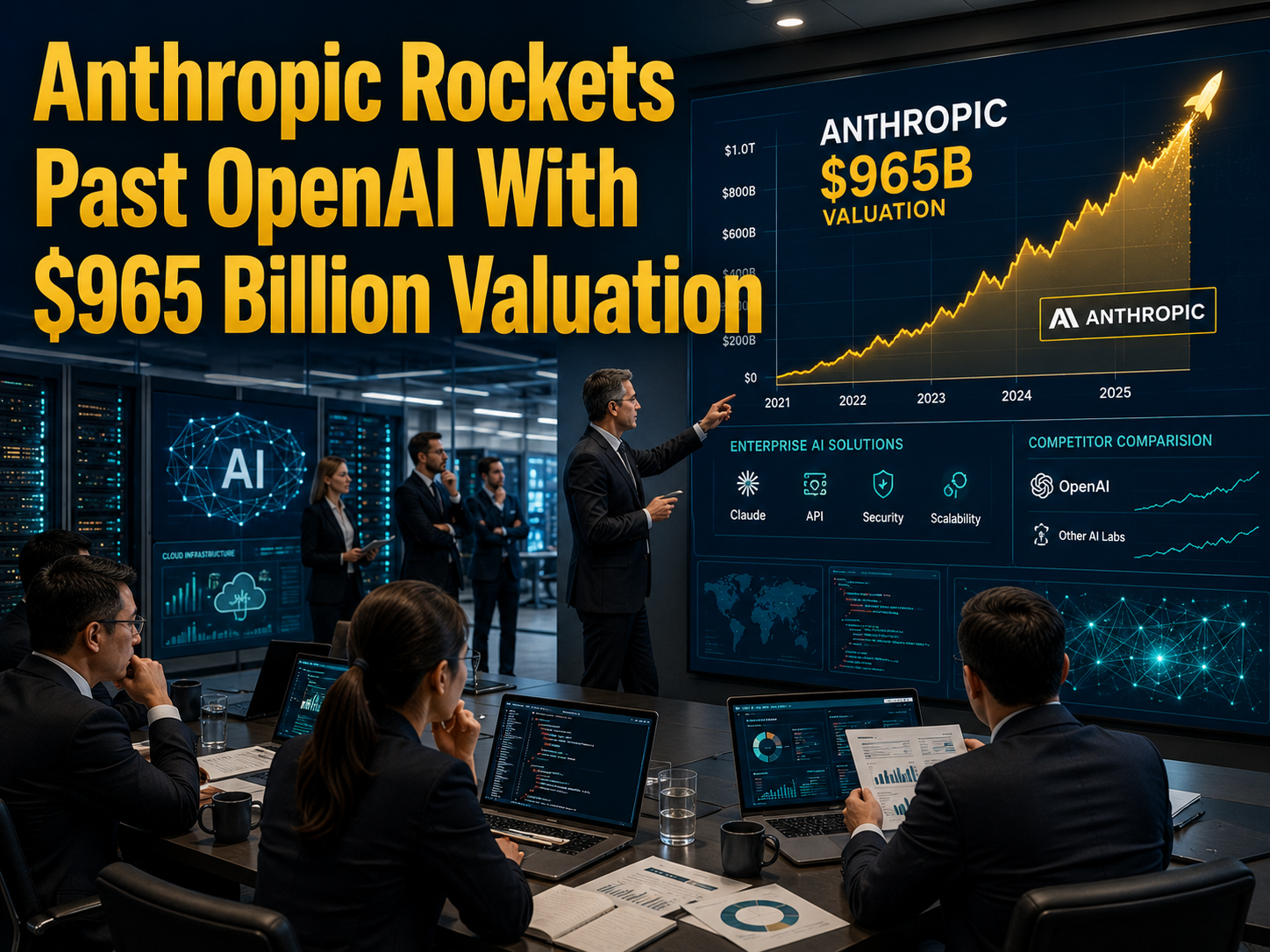 AI business banner about Anthropic valuation OpenAI rivalry showing valuation charts, investors, data dashboards, and enterprise AI visuals.