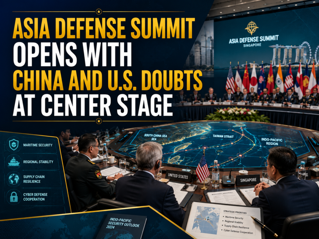 International summit banner showing Asia defense summit China concerns with diplomats, Indo-Pacific maps, and U.S.-China security visuals.