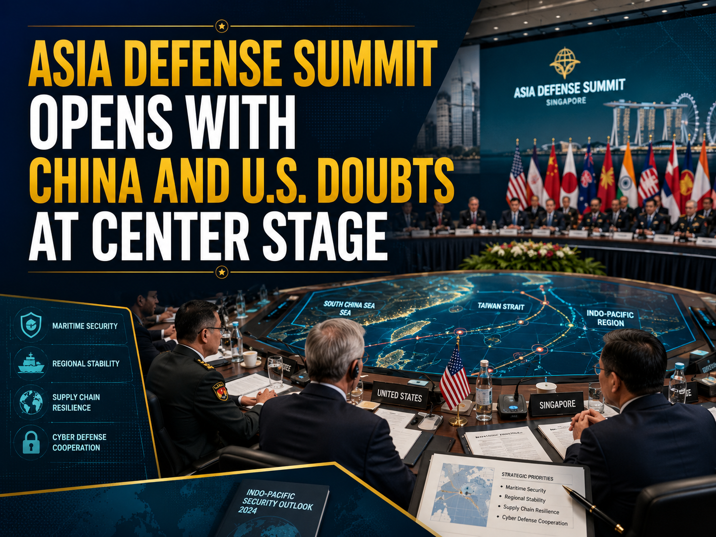 International summit banner showing Asia defense summit China concerns with diplomats, Indo-Pacific maps, and U.S.-China security visuals.