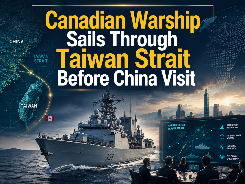 Canadian warship Taiwan Strait news banner showing a naval vessel, diplomatic briefing screens, and maritime route lines.