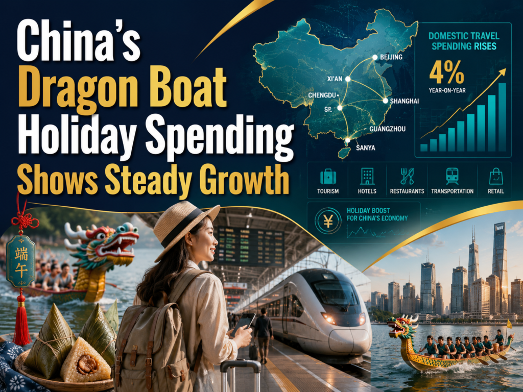 China Dragon Boat holiday spending rises as travelers, tourism charts, and festival visuals show steady growth in China’s economy.