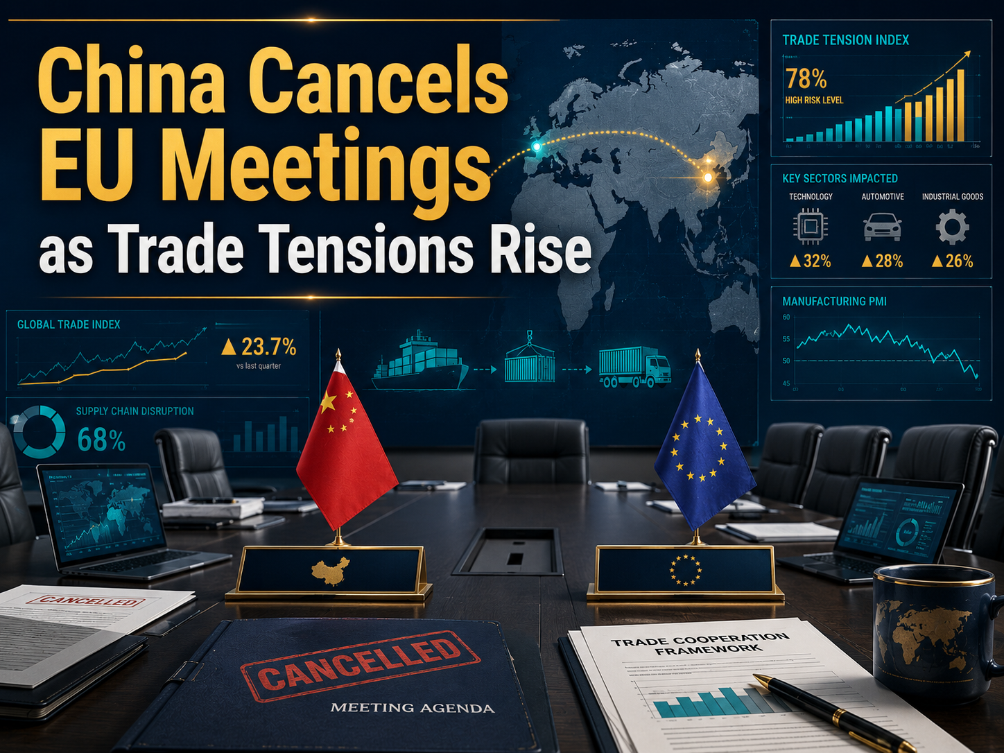 China EU meetings cancelled article banner showing an empty diplomatic boardroom, trade charts, and Beijing-to-Brussels supply-chain map.