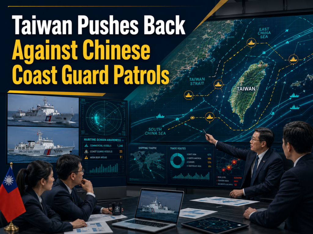 Chinese coast guard patrols near Taiwan shown through a maritime security briefing with shipping routes and regional map data.