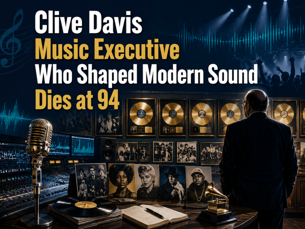 Clive Davis music executive tribute with gold records, studio equipment, and music industry visuals showing his influence on modern sound.