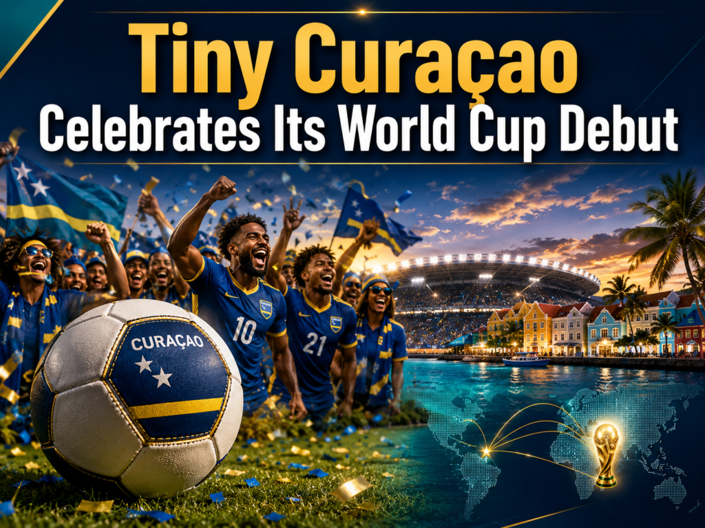 Curaçao World Cup debut banner showing fans celebrating, a soccer ball, Caribbean island scenery, and global tournament visuals.
