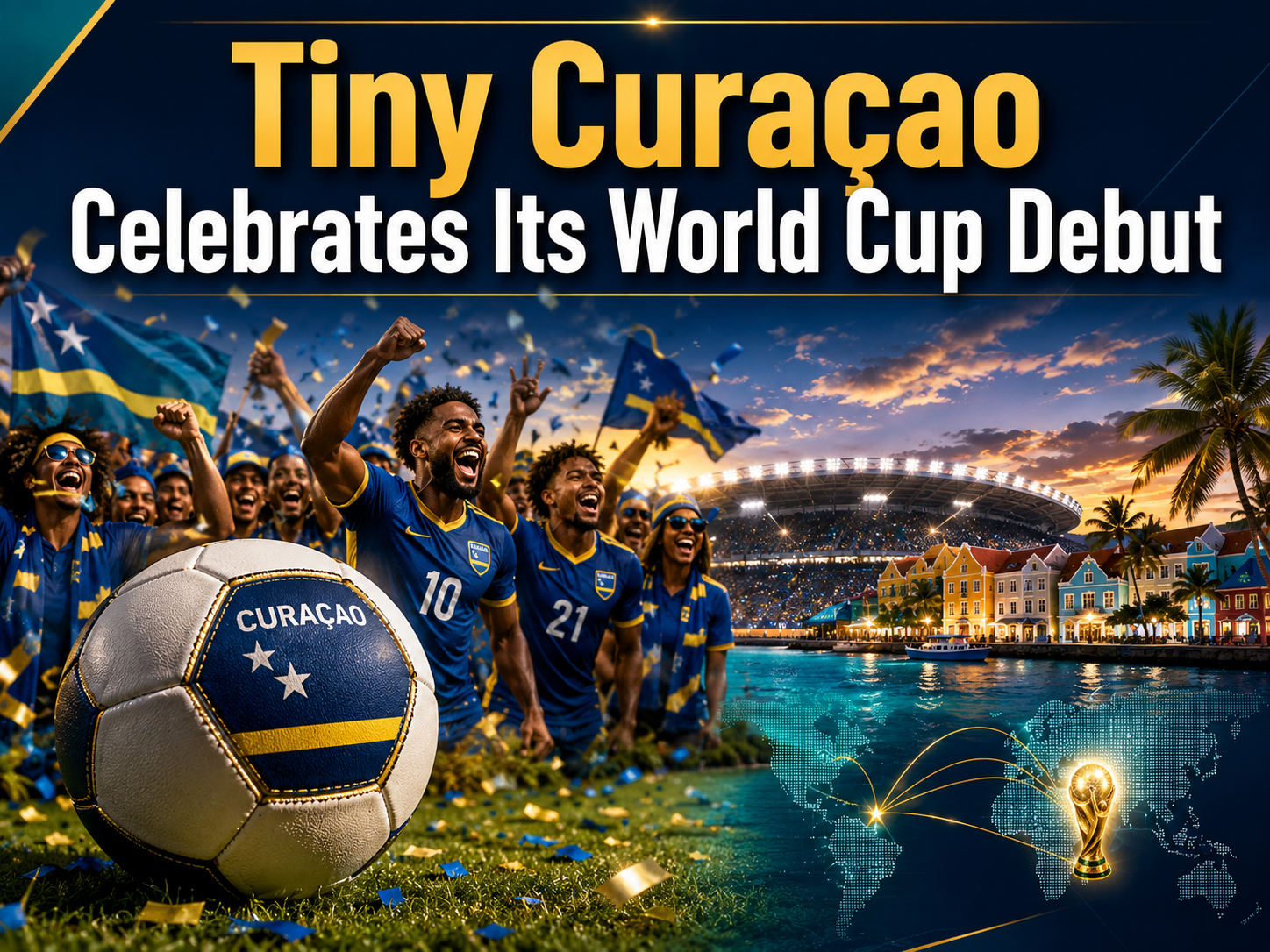 Curaçao World Cup debut banner showing fans celebrating, a soccer ball, Caribbean island scenery, and global tournament visuals.