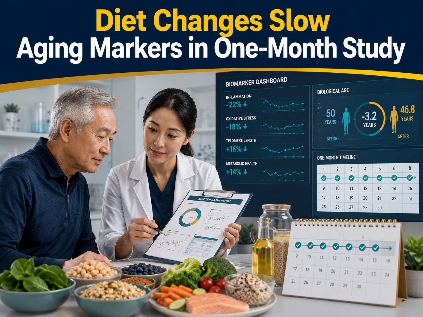 Diet changes slow aging markers in a one-month study shown with healthy foods, biomarker charts, and a professional nutrition research scene.