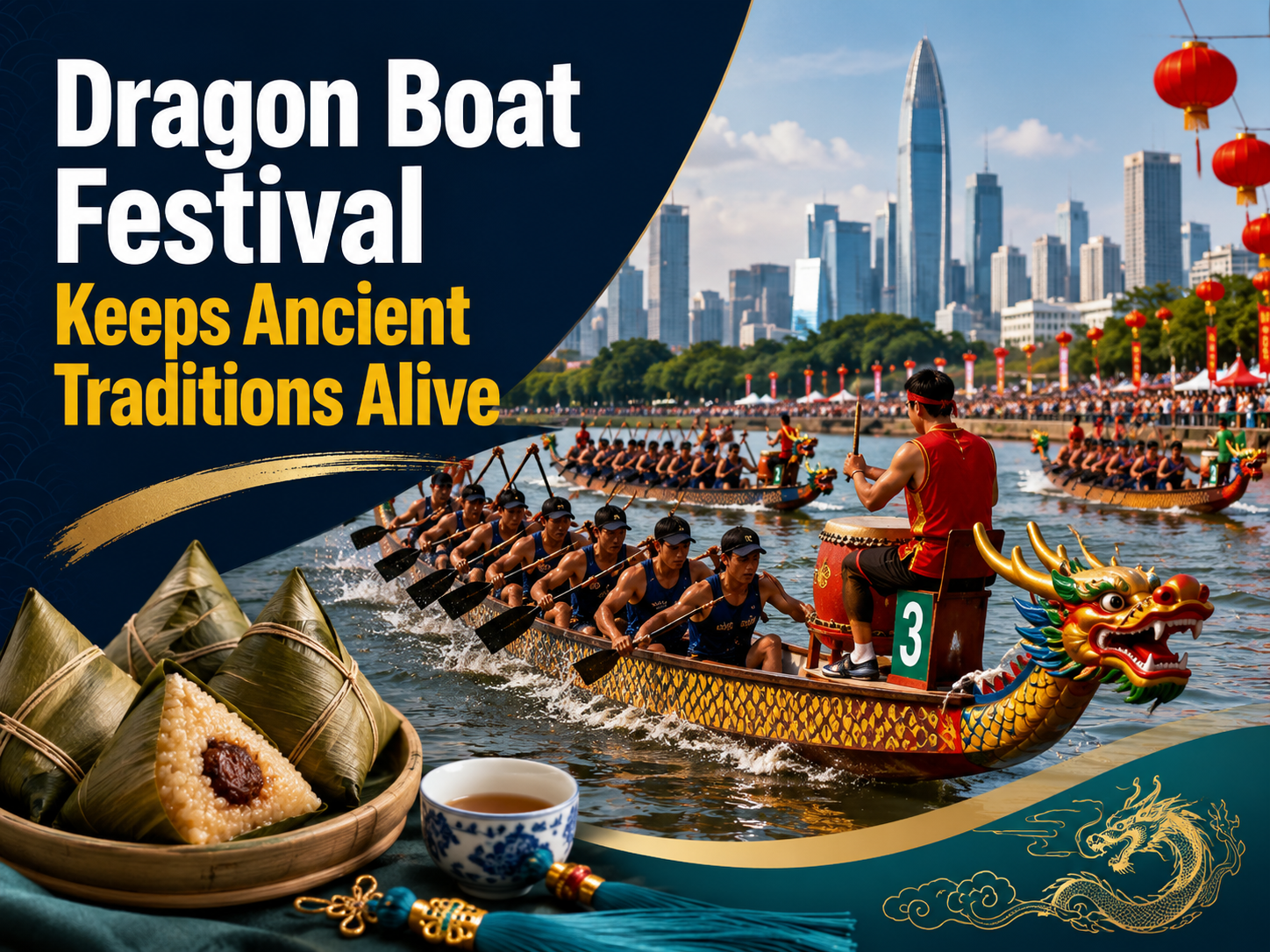 Dragon Boat Festival traditions shown through dragon boat racing, zongzi, and modern Chinese city celebrations.