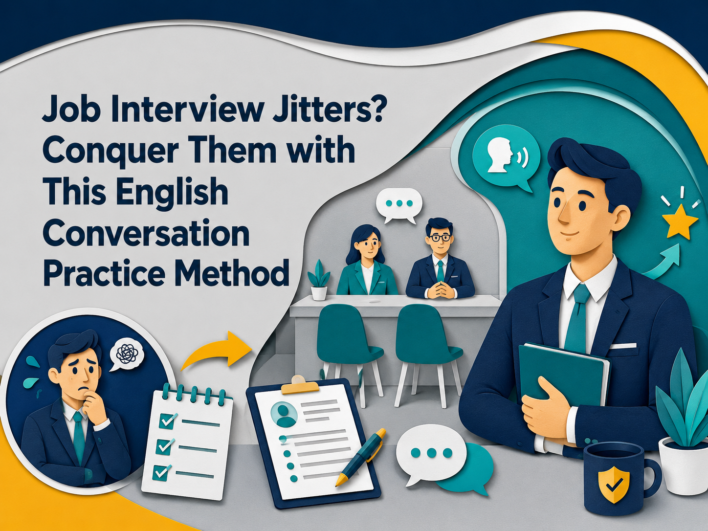 3D paper cut banner showing a nervous professional becoming confident in a job interview using an English conversation practice method.