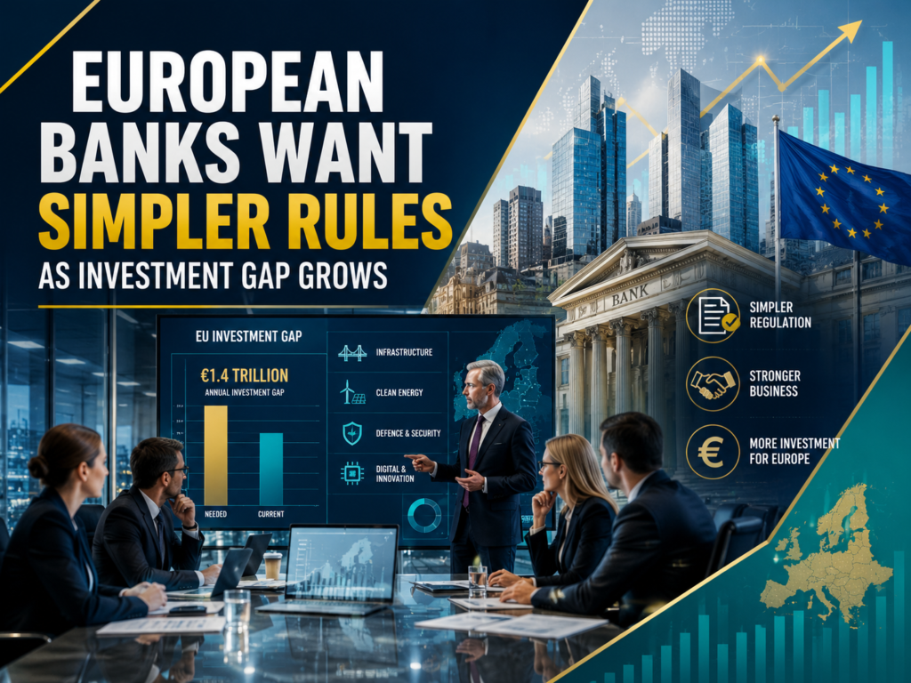 European banks want simpler rules as professionals review investment gap data, finance charts, and European banking strategy.