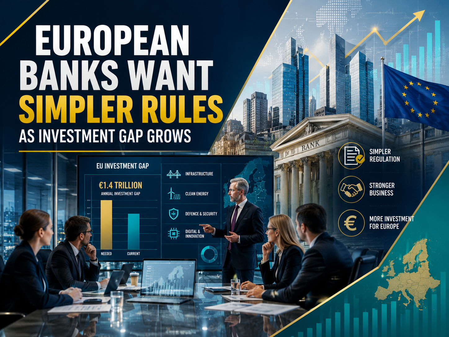 European banks want simpler rules as professionals review investment gap data, finance charts, and European banking strategy.