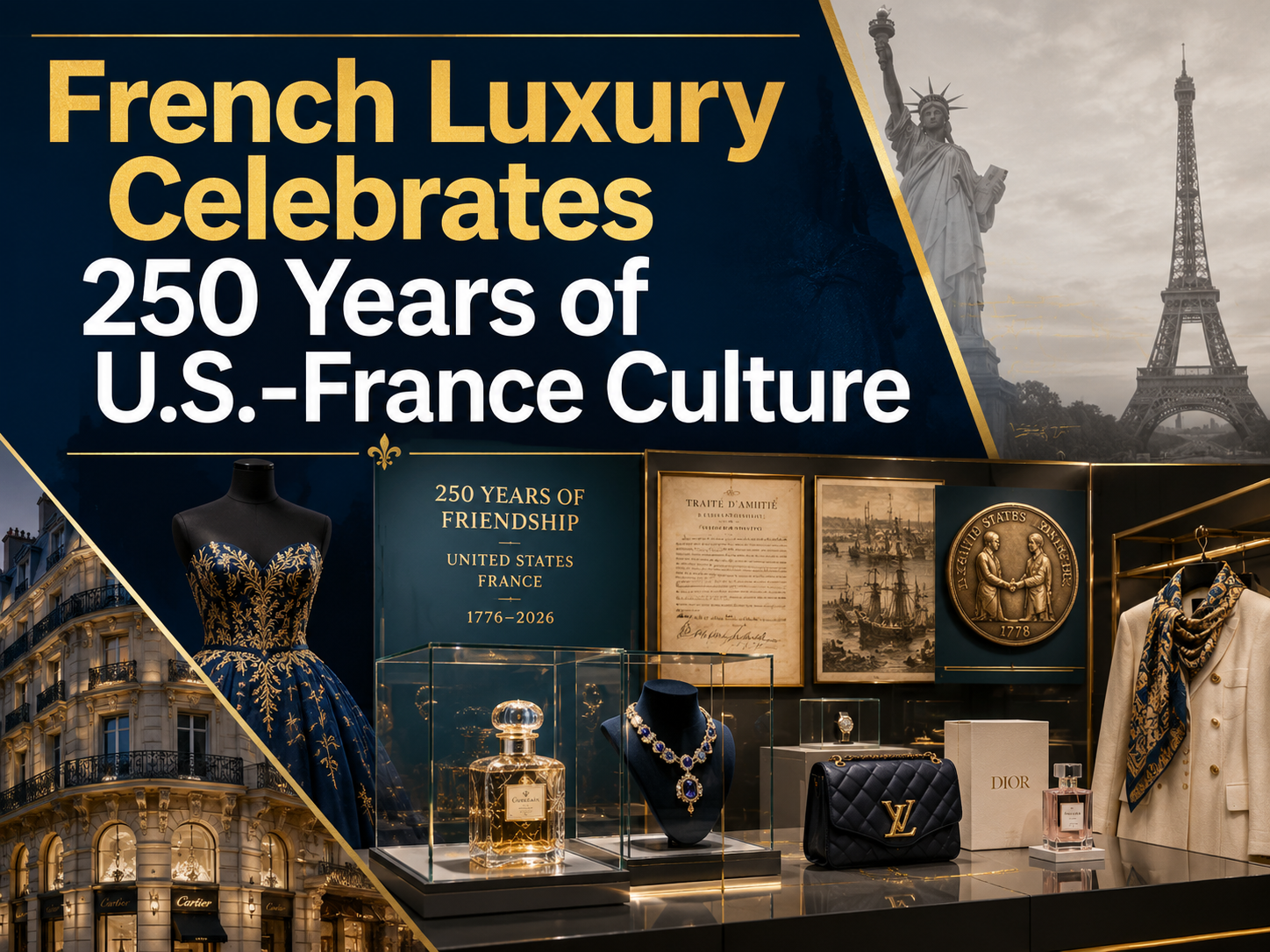 French luxury celebrates 250 years of U.S.-France culture through fashion, jewelry, history, and elegant museum-style displays.