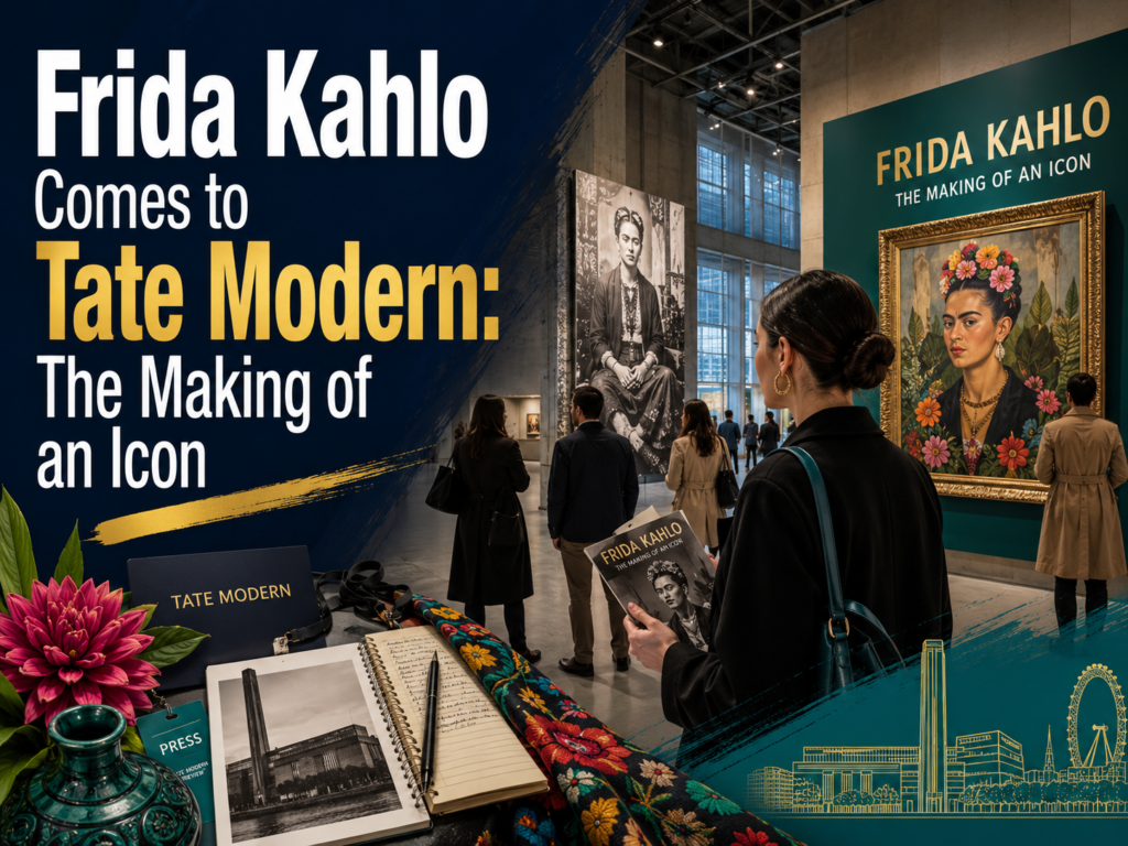 Frida Kahlo Tate Modern Exhibition banner showing a modern museum gallery scene for an English news article about art, culture, and global icons.