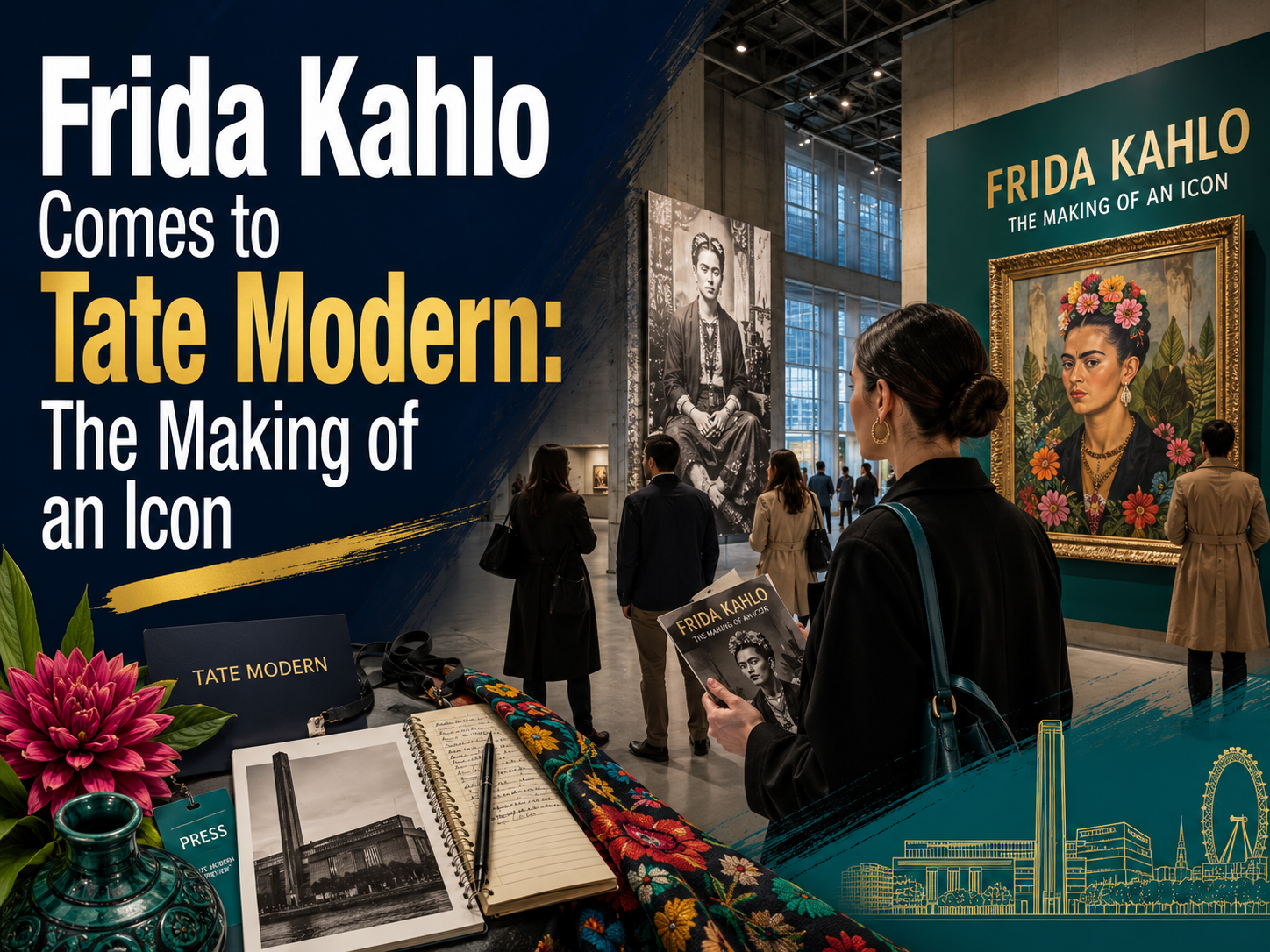 Frida Kahlo Tate Modern Exhibition banner showing a modern museum gallery scene for an English news article about art, culture, and global icons.