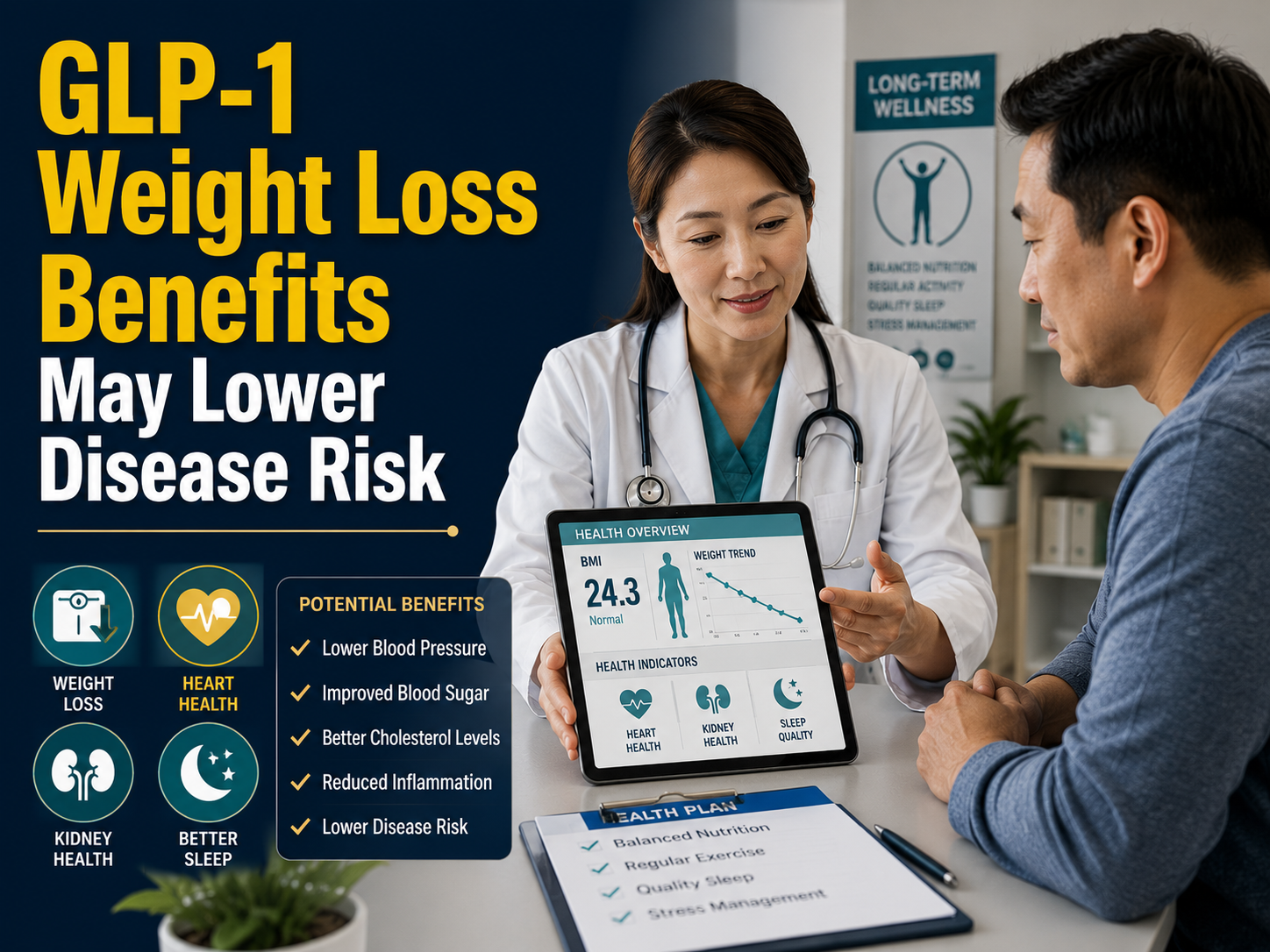 GLP-1 weight loss benefits shown through a doctor reviewing health charts for obesity-related disease risk.
