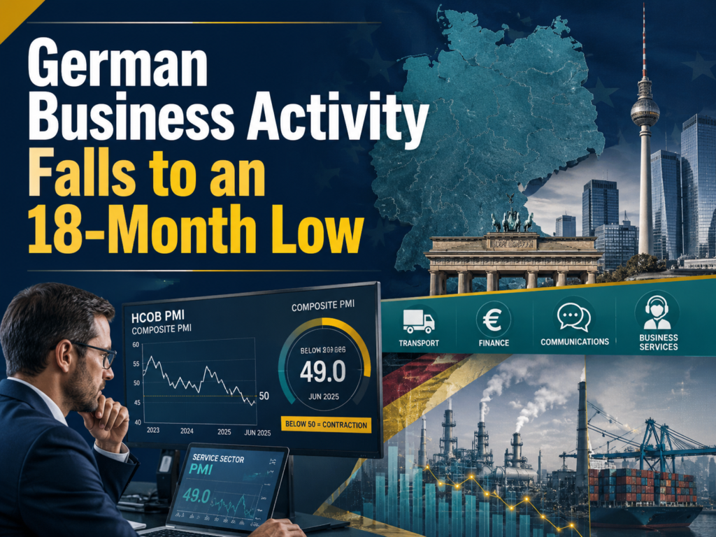 German business activity falls to an 18-month low with PMI charts, Germany map, factories, and business data in a professional news scene.