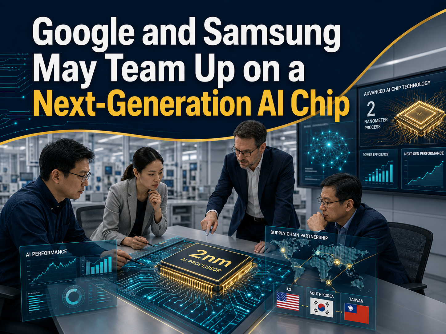 Google Samsung AI chip deal banner showing executives and engineers reviewing next-generation AI chip designs and semiconductor supply chain graphics.