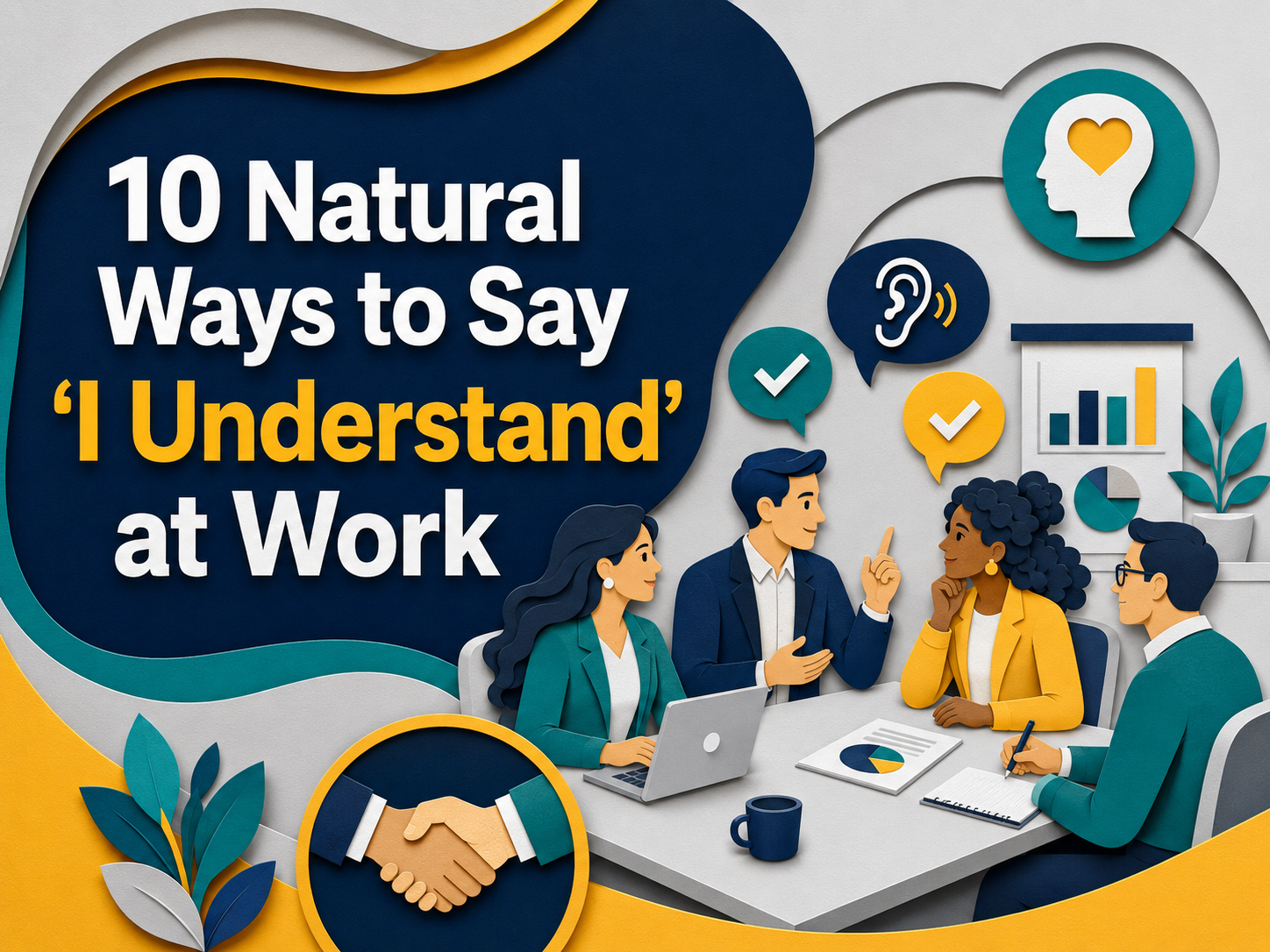 3D paper cut banner showing professionals in a workplace meeting using natural phrases to say I understand at work, with listening icons, check marks, and the title “10 Natural Ways to Say ‘I Understand’ at Work.”