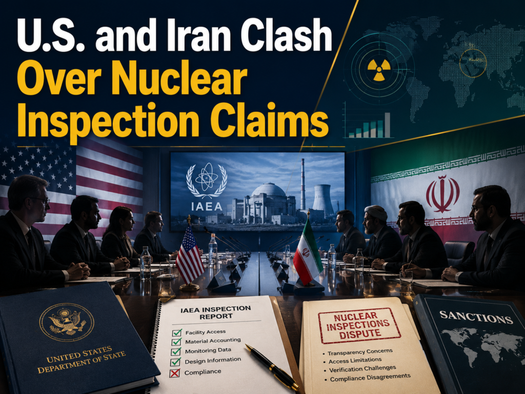 Diplomatic meeting scene showing the Iran nuclear inspections dispute between U.S. and Iranian officials over inspection claims.