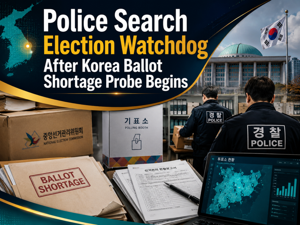 Korea ballot shortage probe banner showing officials reviewing election documents after police search election watchdog offices in South Korea.