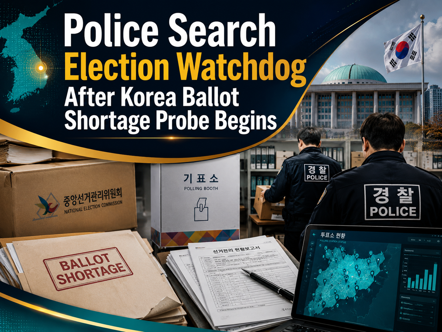 Korea ballot shortage probe banner showing officials reviewing election documents after police search election watchdog offices in South Korea.