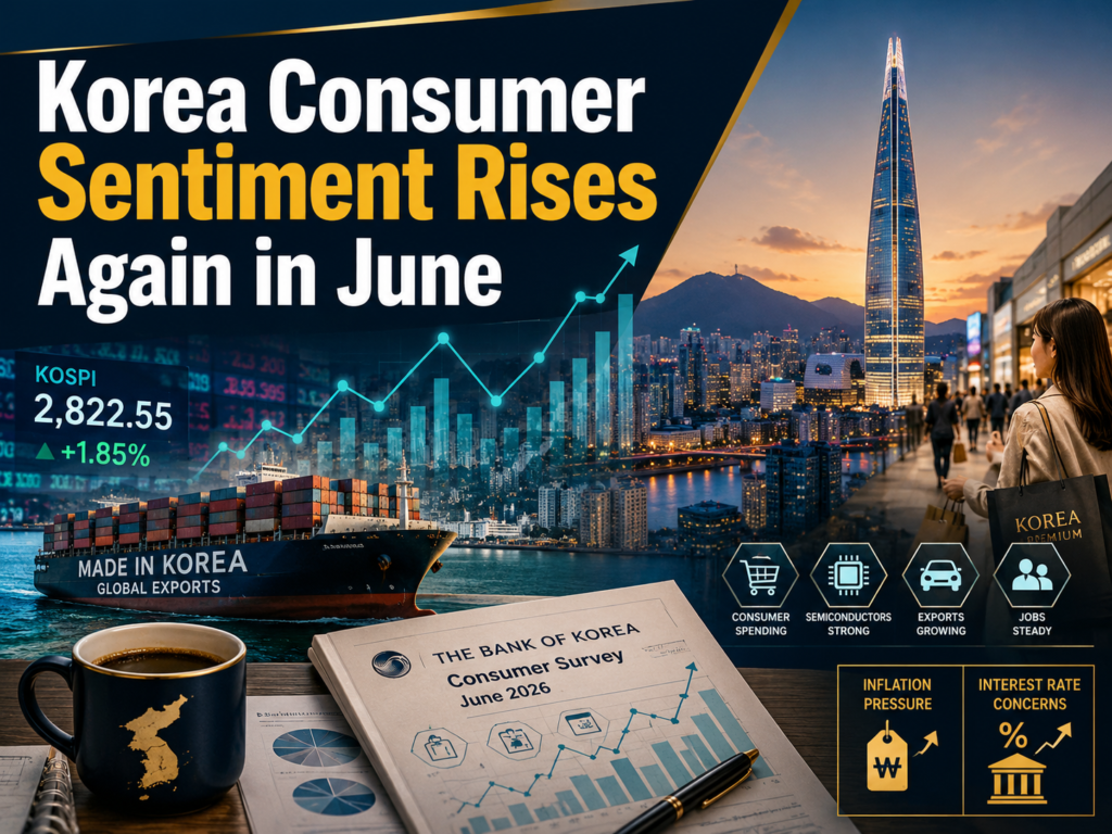 Korea consumer sentiment rises in June with strong exports, stock market gains, and economic confidence shown in a Seoul business news scene.