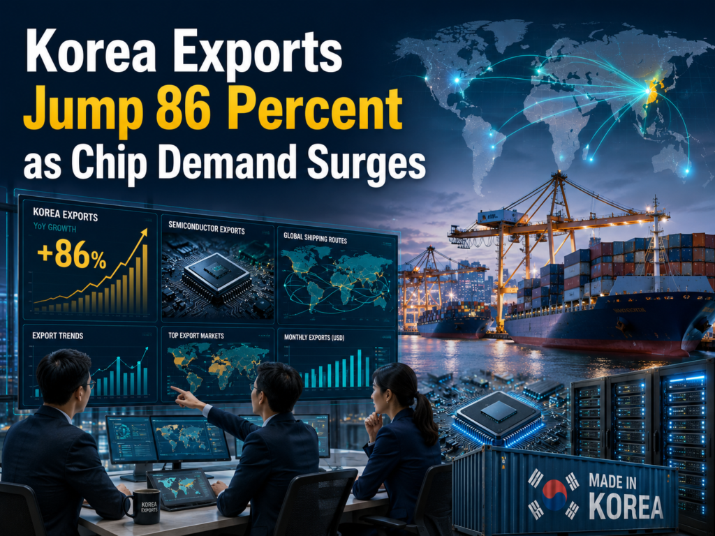 Korea exports jump 86 percent as semiconductor chips, shipping routes, and AI demand drive record trade growth.