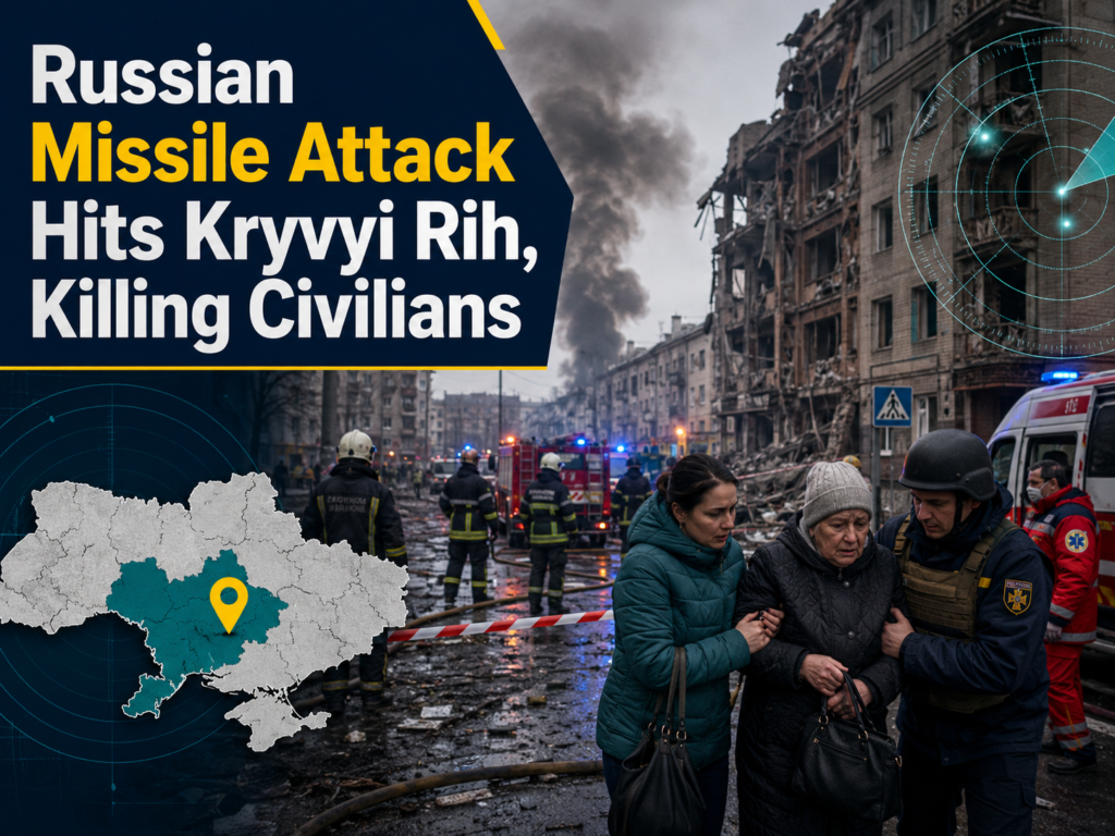 Emergency responders in Kryvyi Rih after a Kryvyi Rih missile attack damaged civilian and industrial areas in Ukraine.