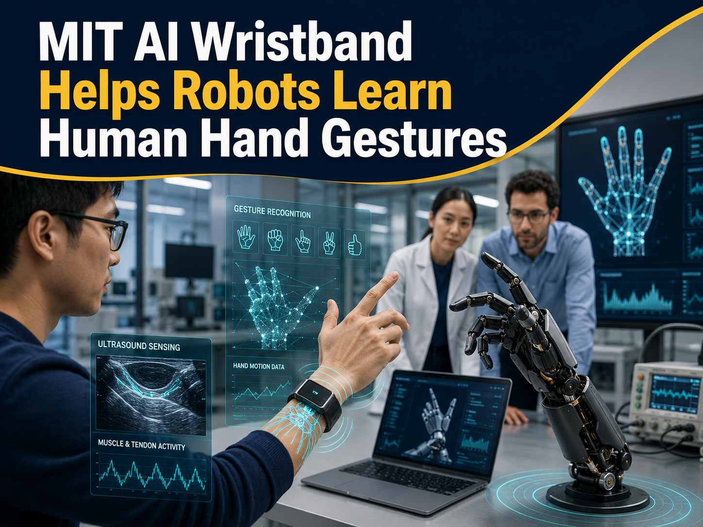 MIT AI wristband banner showing a person controlling a robotic hand with gesture-tracking technology in an AI robotics lab.