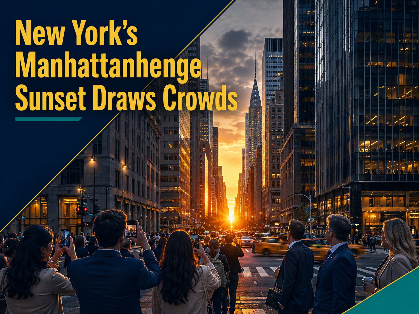 Manhattanhenge sunset in New York draws crowds as golden sunlight lines up between Manhattan skyscrapers.