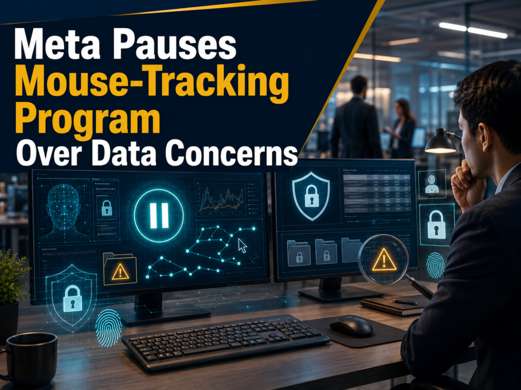 Meta mouse tracking program paused over employee privacy and data security concerns in a modern corporate technology office.
