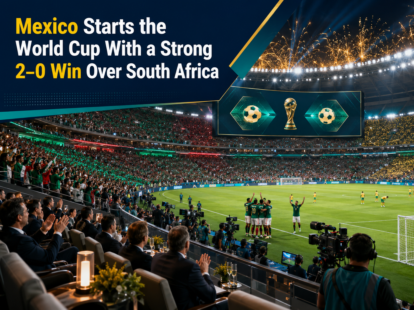 Mexico South Africa World Cup opener banner showing a packed Mexico City stadium, football action, fans, and a polished 2–0 victory atmosphere.