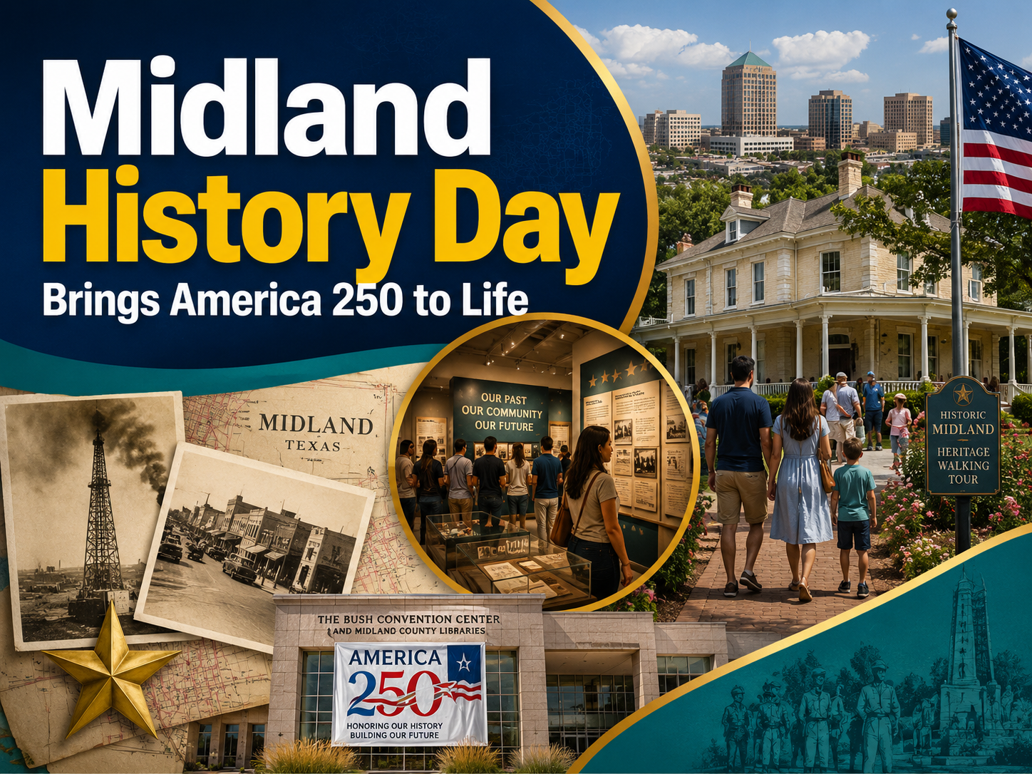 Midland History Day banner showing families and visitors exploring America 250 history events, museums, flags, and heritage sites in Midland.
