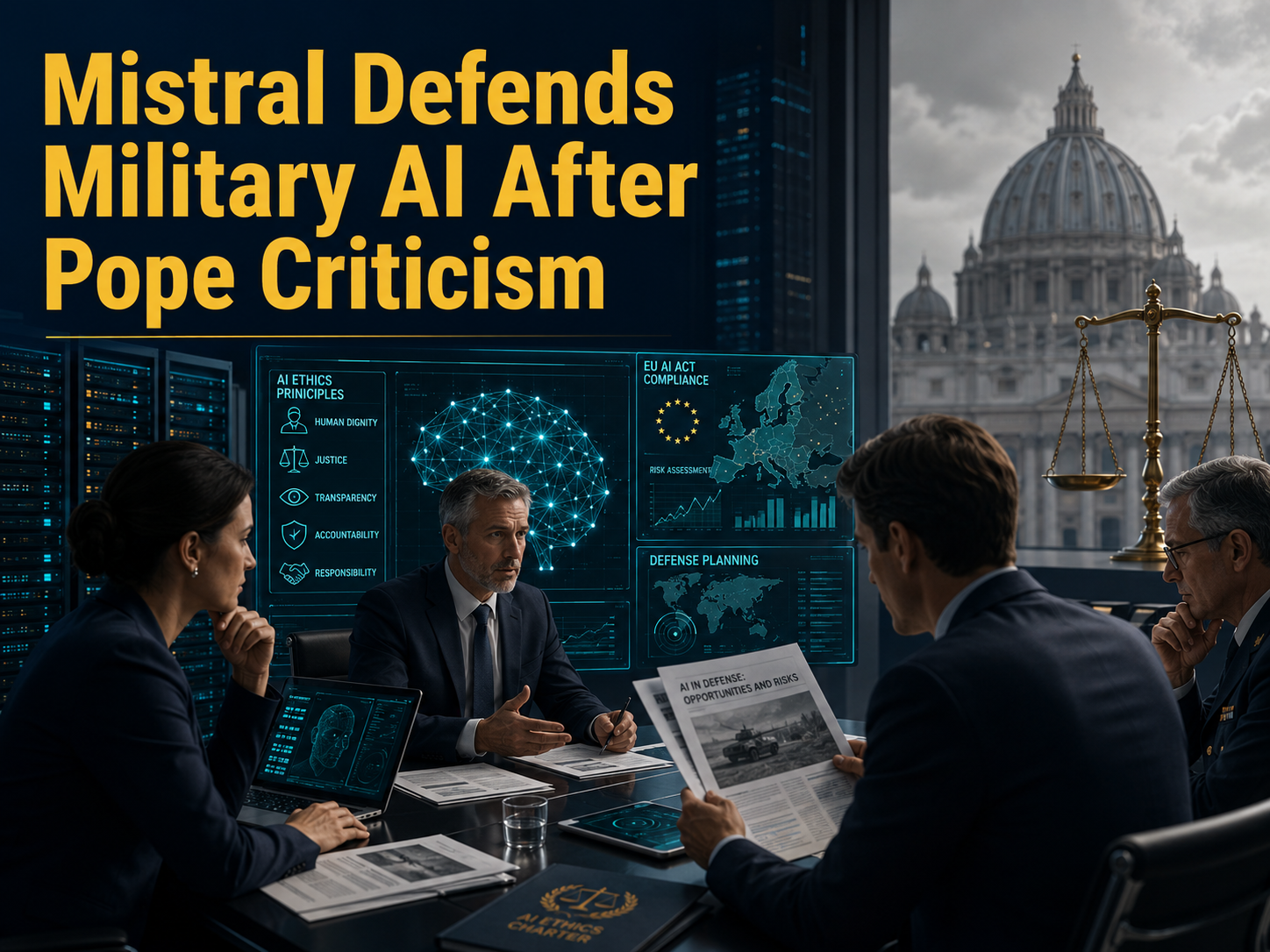 Photographic technology-news banner showing the Mistral military AI debate with defense AI systems, ethics symbols, and Pope criticism.