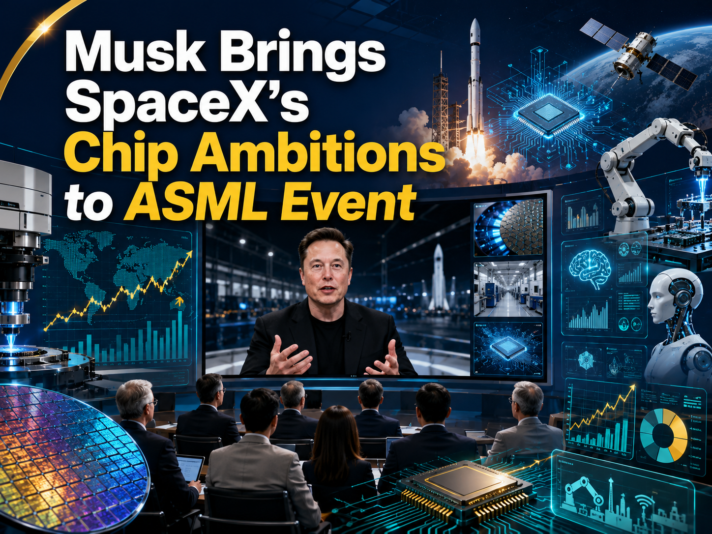 Musk ASML Terafab plans banner showing a semiconductor technology event with chipmaking visuals, SpaceX themes, AI, and robotics.