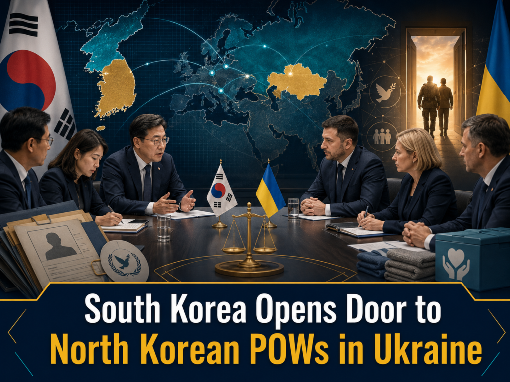 North Korean POWs in Ukraine shown through a diplomatic meeting scene with South Korea, Ukraine, human rights, and safe passage visuals.