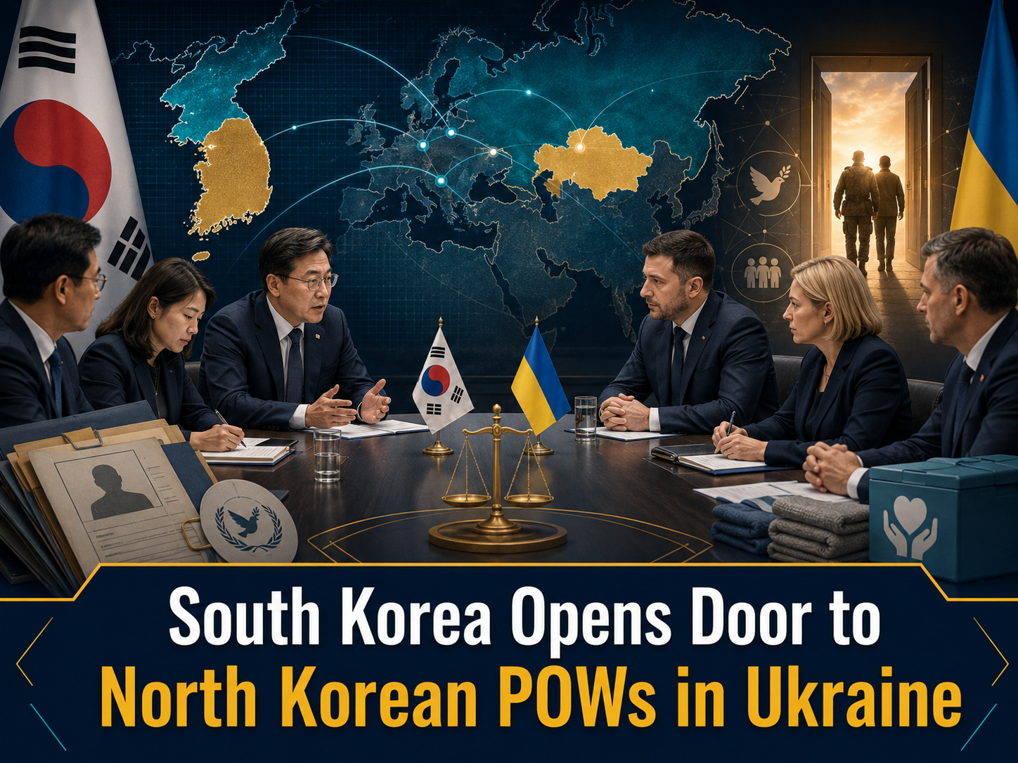 North Korean POWs in Ukraine shown through a diplomatic meeting scene with South Korea, Ukraine, human rights, and safe passage visuals.