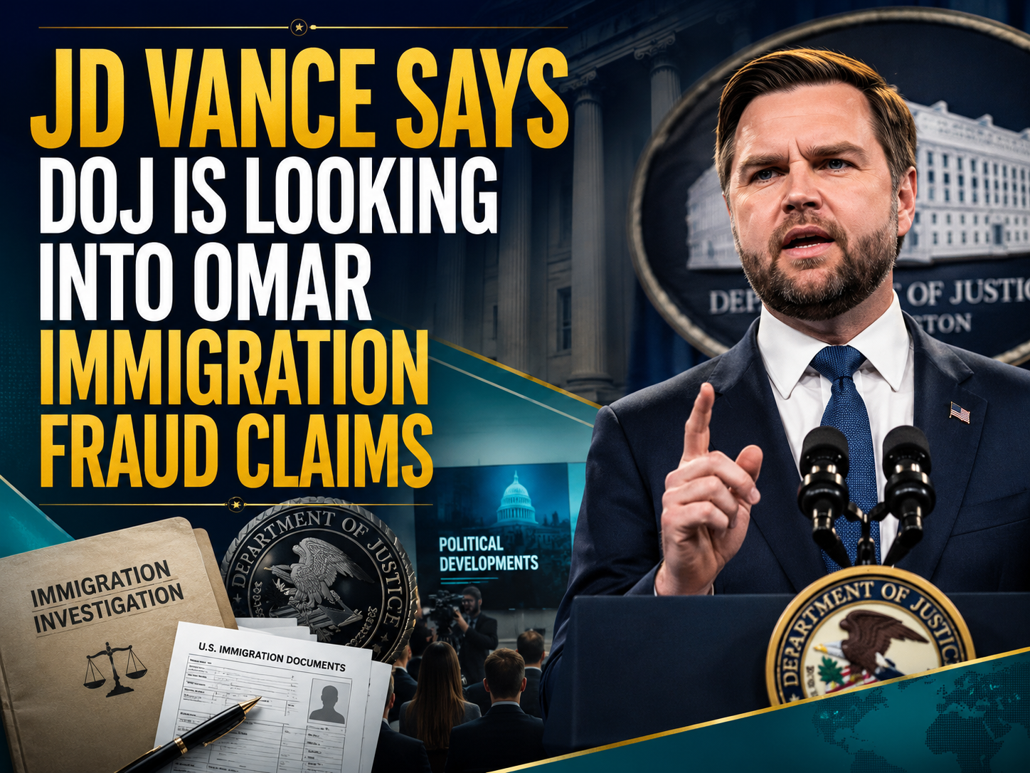 JD Vance news banner about the Omar immigration fraud probe with legal documents, government press room, and political reporting visuals.