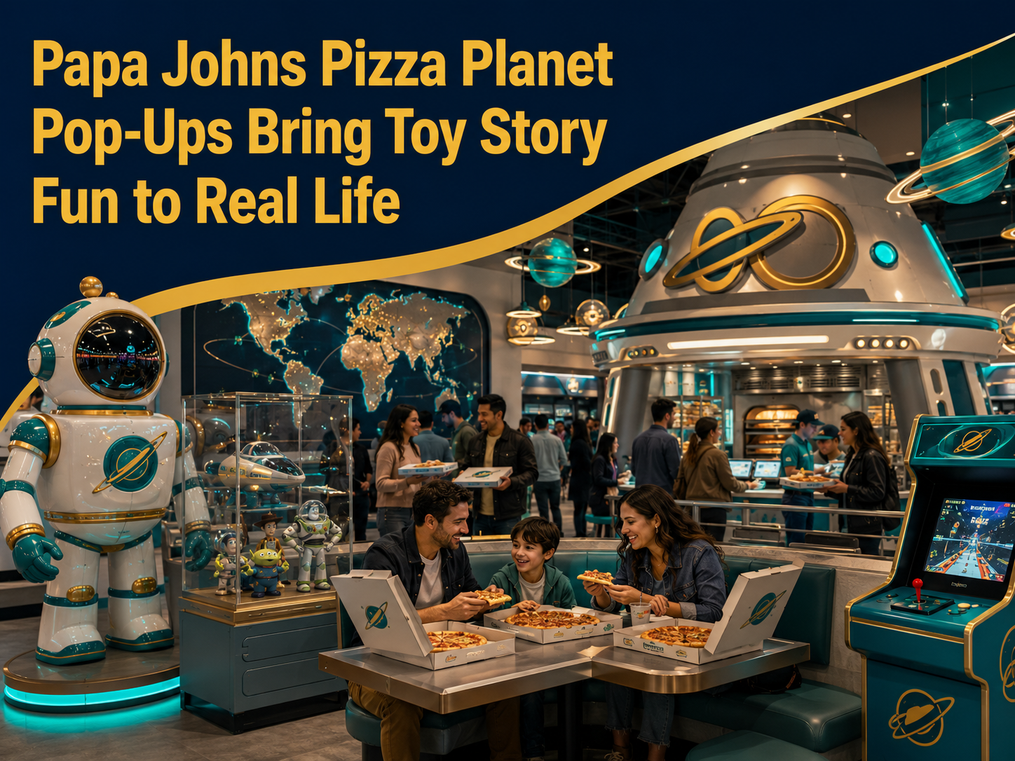 Papa Johns Pizza Planet pop-ups banner showing a nostalgic pizza pop-up restaurant inspired by Toy Story-style family entertainment marketing.