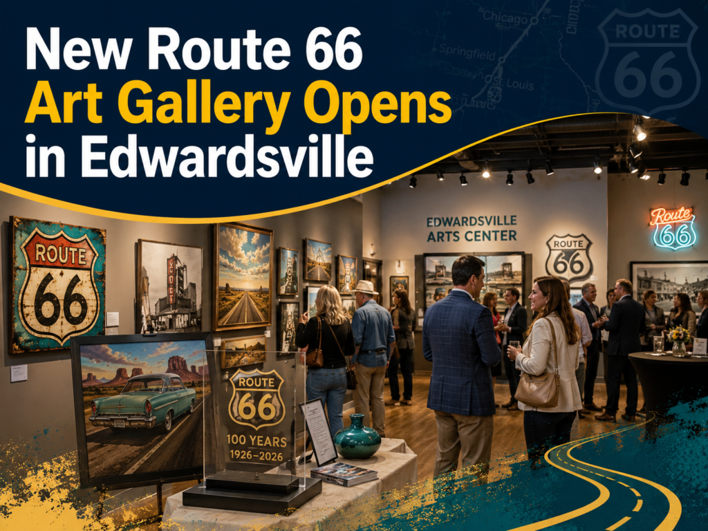 Route 66 art exhibit opens at the Edwardsville Arts Center with visitors viewing local artwork celebrating the highway’s centennial.