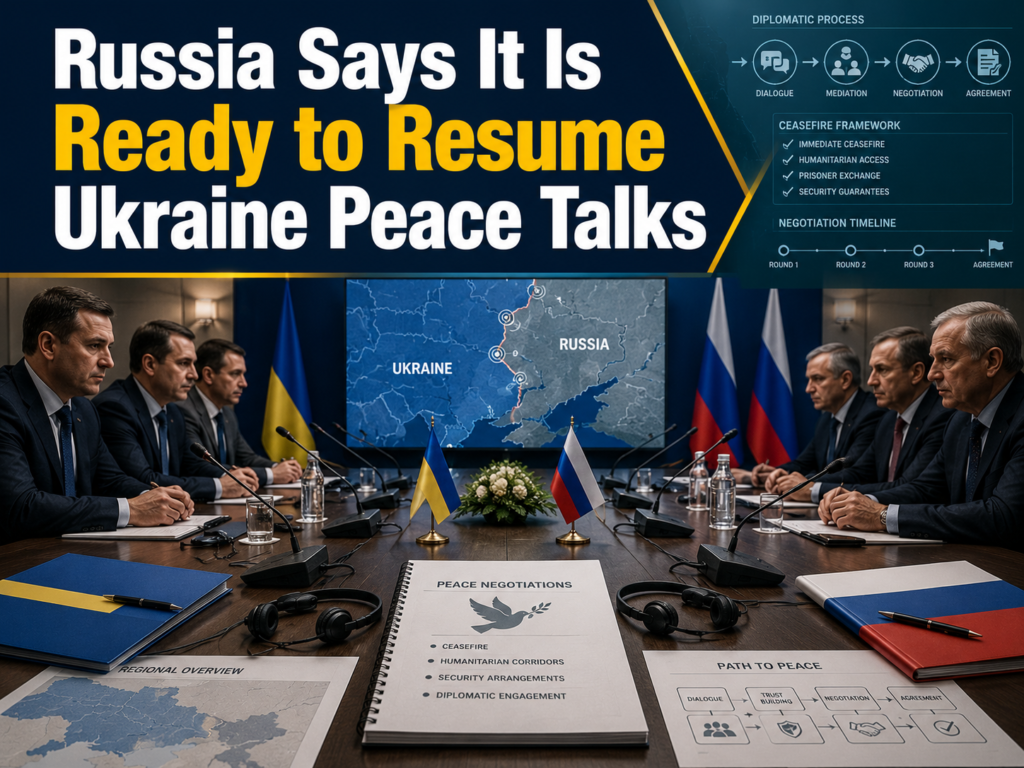 Russia Ukraine peace talks shown through a professional diplomatic negotiation scene with officials, maps, and ceasefire documents.