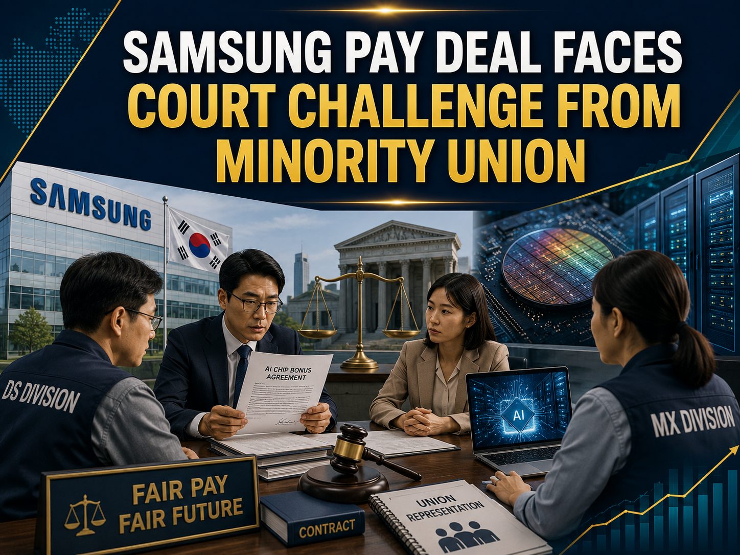 Business news banner showing Samsung pay deal dispute with legal documents, union workers, court symbols, and AI chip bonus tension.