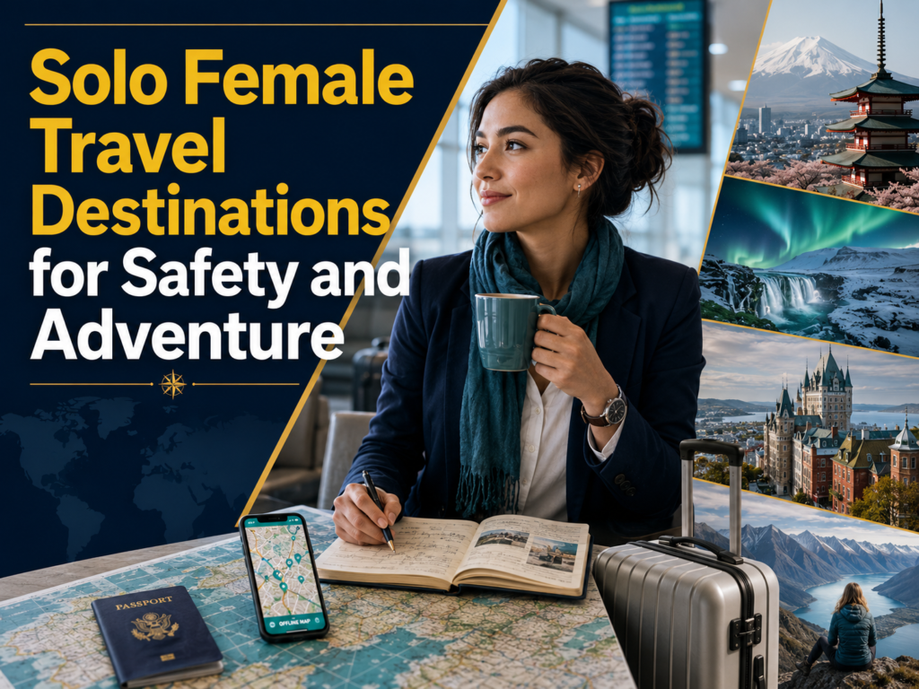 Solo female travel destinations for safety and adventure shown through a confident woman planning an independent trip with maps and travel gear.