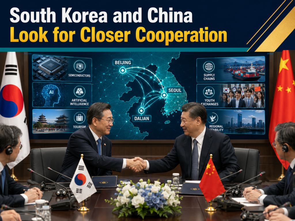 South Korea-China cooperation shown through a diplomatic meeting, trade map, technology icons, and regional stability visuals.