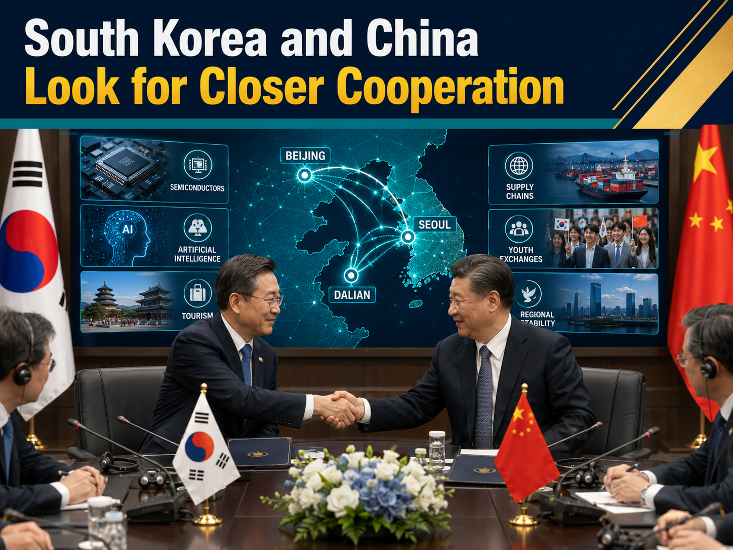 South Korea-China cooperation shown through a diplomatic meeting, trade map, technology icons, and regional stability visuals.