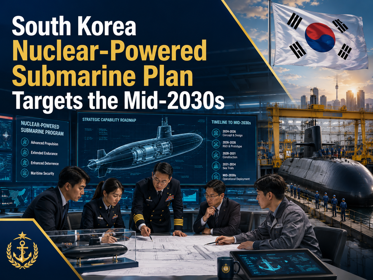 South Korea nuclear-powered submarine plan shown in a defense technology banner with naval analysts, submarine blueprints, and shipbuilding data.